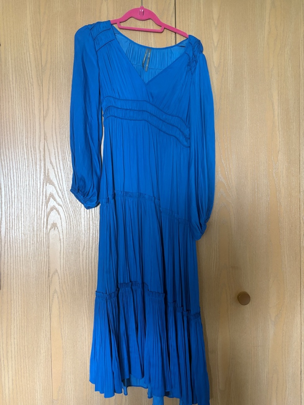 Anthropologie Vibrant Blue Long-Sleeve Pleated Tiered Midi Dress